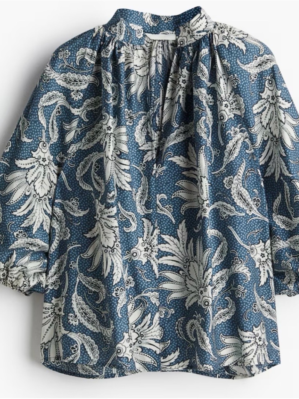 H&M Blue and White Paisley Split-Neck Blouse